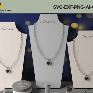 May include: Three white display stands with gold chains and black heart pendants. The stands are labeled "Atacan" and the image includes the text "SVG-DXF-PNG-AI-CDR".