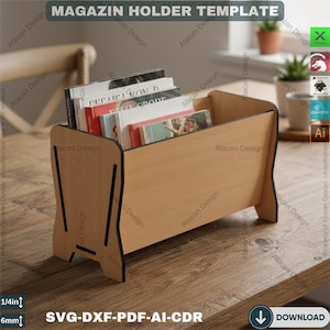 May include: A light brown wooden magazine holder containing books. The holder, approximately 6mm thick, features a distinctive design with cut-out details and the text "MAGAZIN HOLDER TEMPLATE".