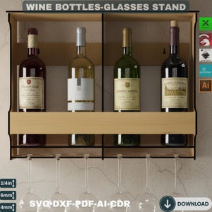 Può includere: Un portabottiglie in legno e metallo con quattro bottiglie di vino e bicchieri. Il portabottiglie ha un ripiano in legno chiaro e una cornice nera. Le bottiglie sono di vari colori. Il testo "WINE BOTTLES-GLASSES STAND" è in alto.