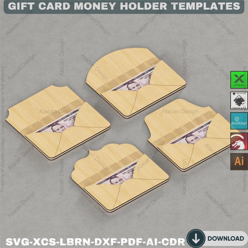 May include: Four wooden gift card money holder templates in various shapes, each with a bill partially visible. The text "GIFT CARD MONEY HOLDER TEMPLATES" is at the top, and "SVG-XCS-LBRN-DXF-PDF-AI-CDR DOWNLOAD" is at the bottom.
