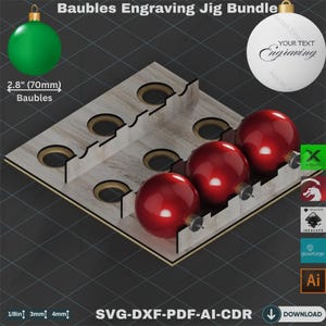 May include: A wooden engraving jig bundle for 2.8-inch (70mm) baubles. The jig holds three red baubles with gold-colored tops. The image includes text that says "Baubles Engraving Jig Bundle" and "Your Text Engraving".