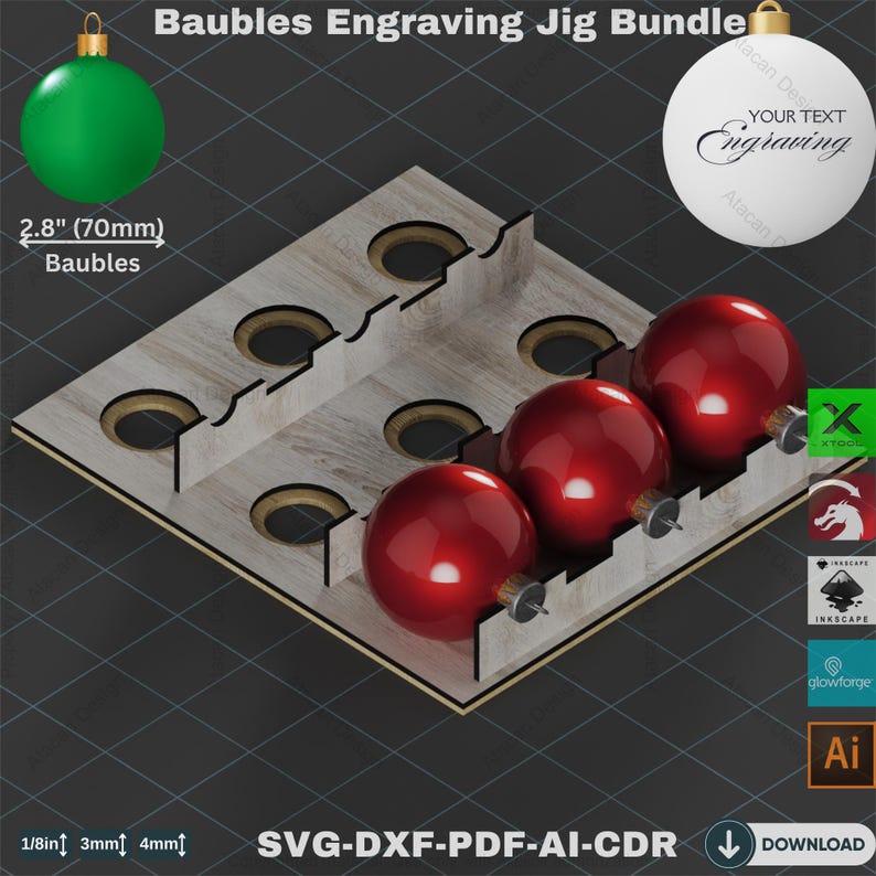 May include: A wooden engraving jig bundle for 2.8-inch (70mm) baubles. The jig holds three red baubles with gold-colored tops. The image includes text that says "Baubles Engraving Jig Bundle" and "Your Text Engraving".