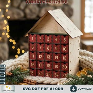 May include: A wooden Christmas house advent calendar with a light-colored roof and twenty-five red drawers, each featuring a white number from 1 to 25. The side panel displays a vertical list of measurements: 1/4in, 1/8in, 6mm, 4mm, and 3mm.