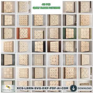 May include: A collection of 40 quilt block patterns displayed on wooden squares. Each square features a unique geometric design in black lines against a light wood background. The text "40 PCS QUILT BLOCK PATTERNS" is visible.