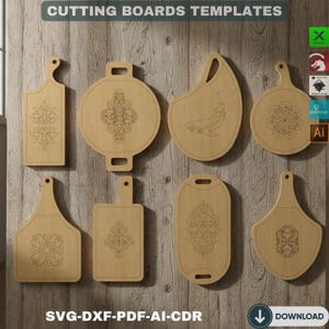 May include: A collection of wooden cutting board templates in various shapes, including round, rectangular, and paddle-shaped designs. Each board features intricate laser-cut patterns and designs. The image includes the text "CUTTING BOARDS TEMPLATES" and "SVG-DXF-PDF-AI-CDR".
