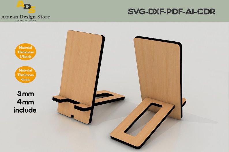May include: Two wooden phone stands, one in a vertical position and the other in a horizontal position. Both stands are made of light brown wood with black edges. The stands are designed to hold a phone in a vertical or horizontal position. The text "3mm 4mm include" is visible in the image.