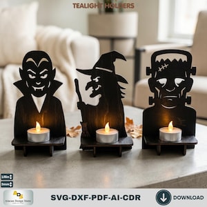 Peut inclure: Trois bougeoirs chauffe-plat en bois noir avec des silhouettes découpées au laser représentant un vampire, une sorcière et un monstre. Chaque support possède une petite étagère pour une bougie. Texte visible : TEALIGHT HOLDERS, 3mm, SVG-DXF-PDF-AI-CDR.