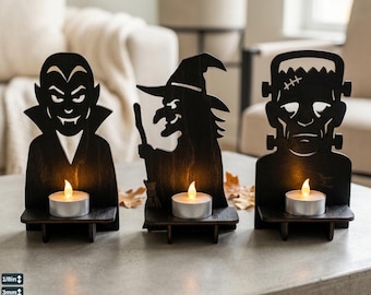 Halloween Monster Värmeljushållare Laserskuren SVG Dracula Häxa Frankenstein 976