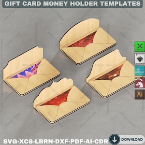 May include: Wooden gift card money holder templates with various designs. The holders are made of light-colored wood and feature cut-out designs to hold gift cards or money. The image includes the text "GIFT CARD MONEY HOLDER TEMPLATES" and "DOWNLOAD".