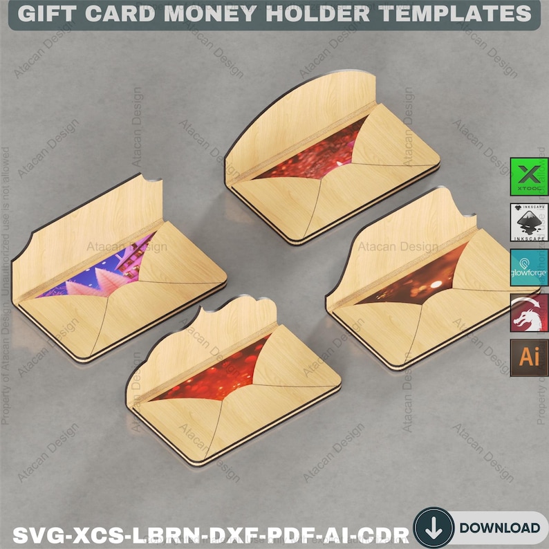 May include: Wooden gift card money holder templates with various designs. The holders are made of light-colored wood and feature cut-out designs to hold gift cards or money. The image includes the text "GIFT CARD MONEY HOLDER TEMPLATES" and "DOWNLOAD".