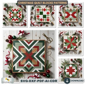 May include: Several Christmas quilt block patterns in red, green, and white, presented on a light wood background. The image features geometric designs, with festive decorations such as pinecones, baubles, and ribbons. Text reads "CHRISTMAS QUILT BLOCKS PATTERNS".