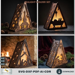 Può includere: Un set di quattro portacandele triangolari in legno con disegni tagliati al laser raffiguranti una chiesa, un presepe e motivi a stella. Le cornici in legno scuro sono illuminate dall'interno, mostrando sagome e intagli dettagliati.