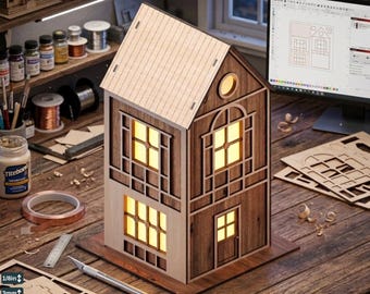 Elegant Miniature House Laser Cut Plan - Night Light Template DIY Wooden Candle Plan 885