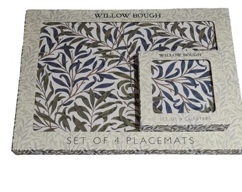 8-Piece Set Boxed William Morris Willow Bough Placemats & Coasters Green Blue Gift Present Cork Backed Floral Leaf Leaves