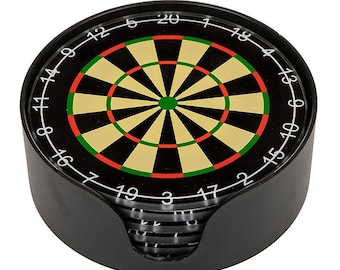 6 x Boxed Glass Dartboard Darts 10cm Coasters Heavyweight Black Round with Stand Holder Gift Present