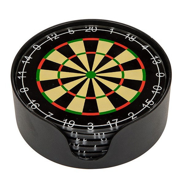 6 x Boxed Glass Dartboard Darts 10cm Coasters Heavyweight Black Round with Stand Holder Gift Present