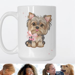 Cute Yorkie Puppy in Pink Bow and Cherries Mug, Coquette Aesthetic Gift, Girly Mug, Congrats New Puppy or Dog Gift, Teen Girl Gift