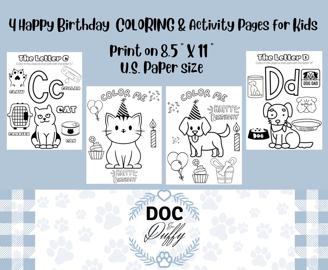 Happy Birthday Cat and Dog Coloring Pages for Kids, Printable Coloring ...