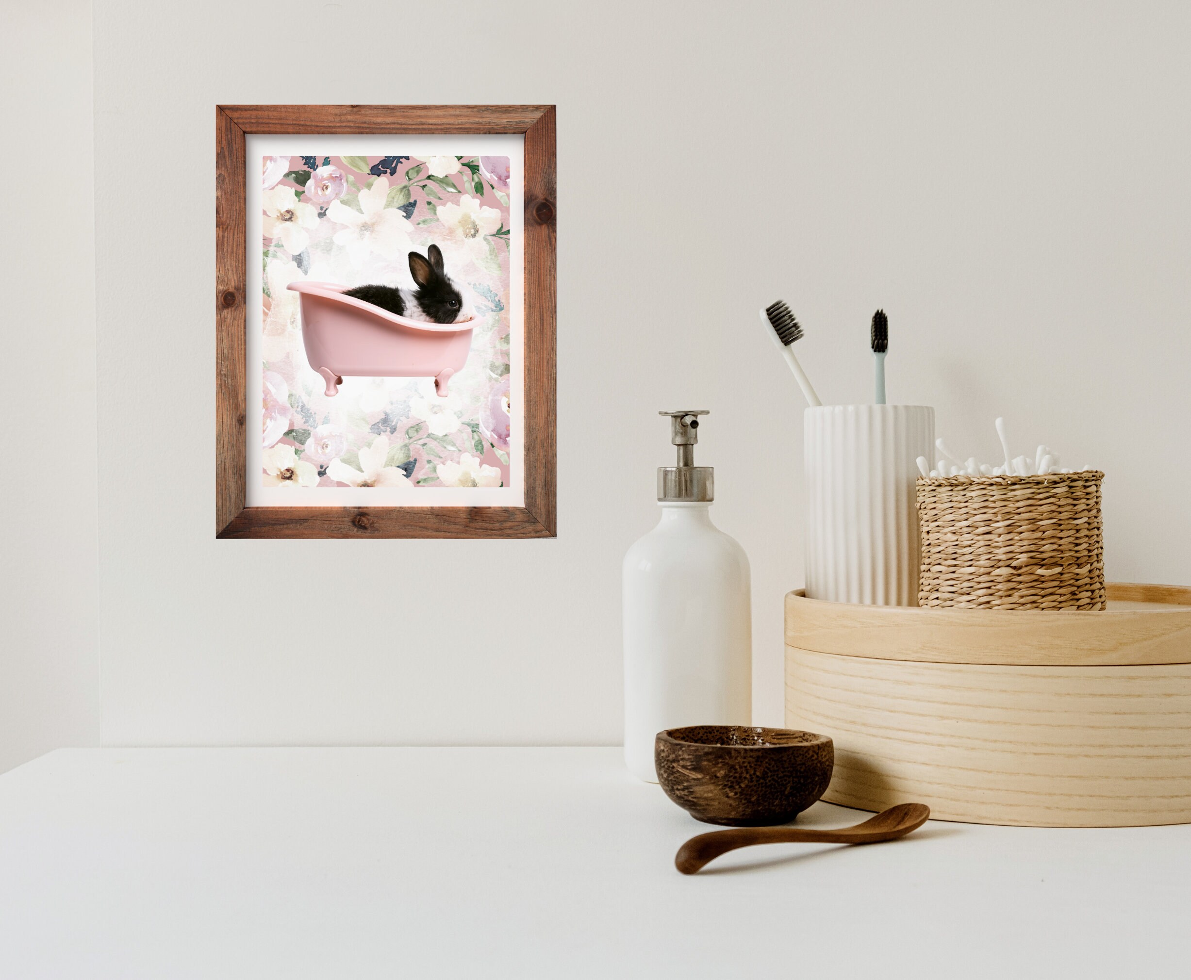 Bathroom Wall Picture Bunny in A Tub Wall Art, Animal in a Tub Wall
