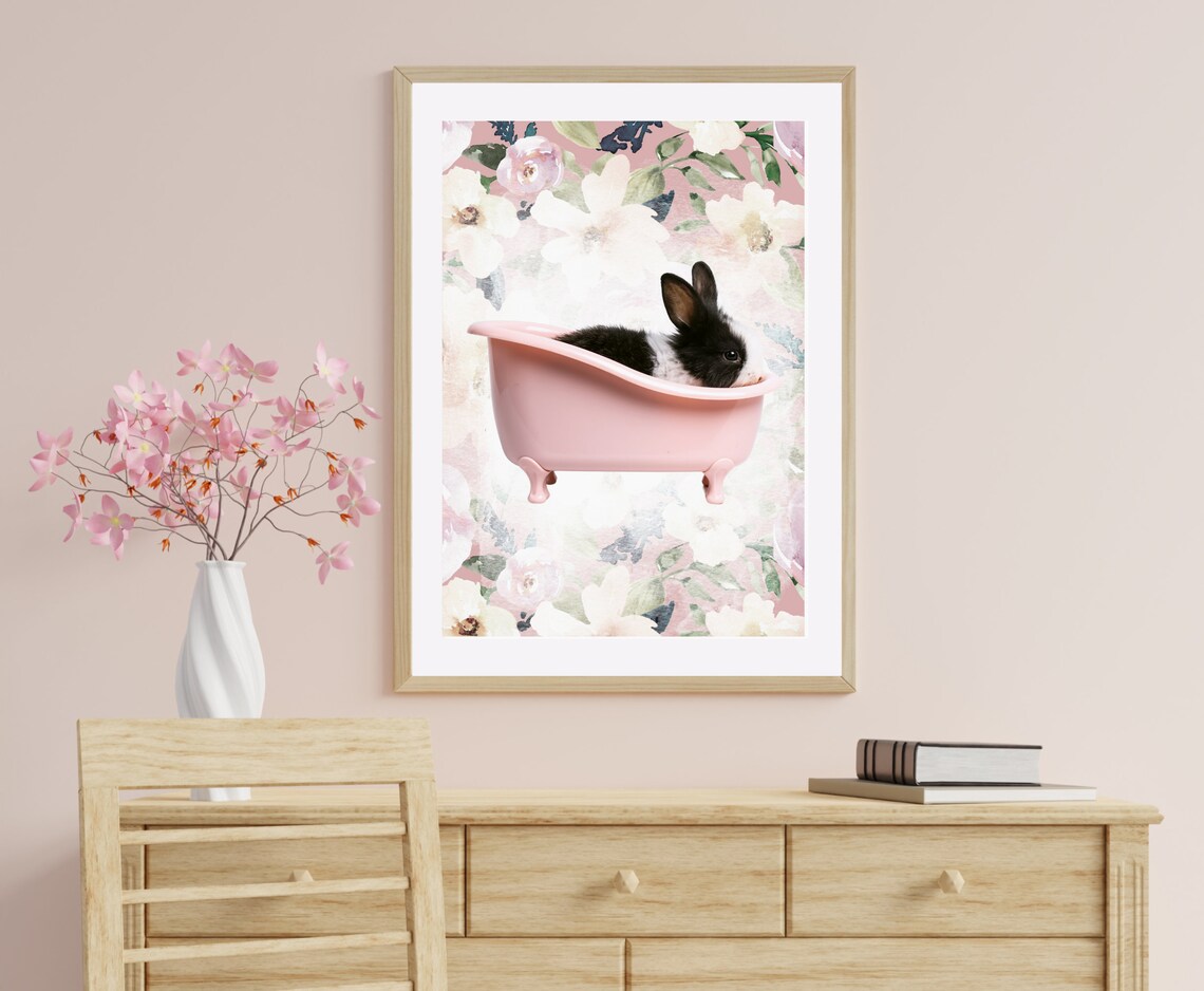 Bathroom Wall Picture Bunny in A Tub Wall Art, Animal in a Tub Wall