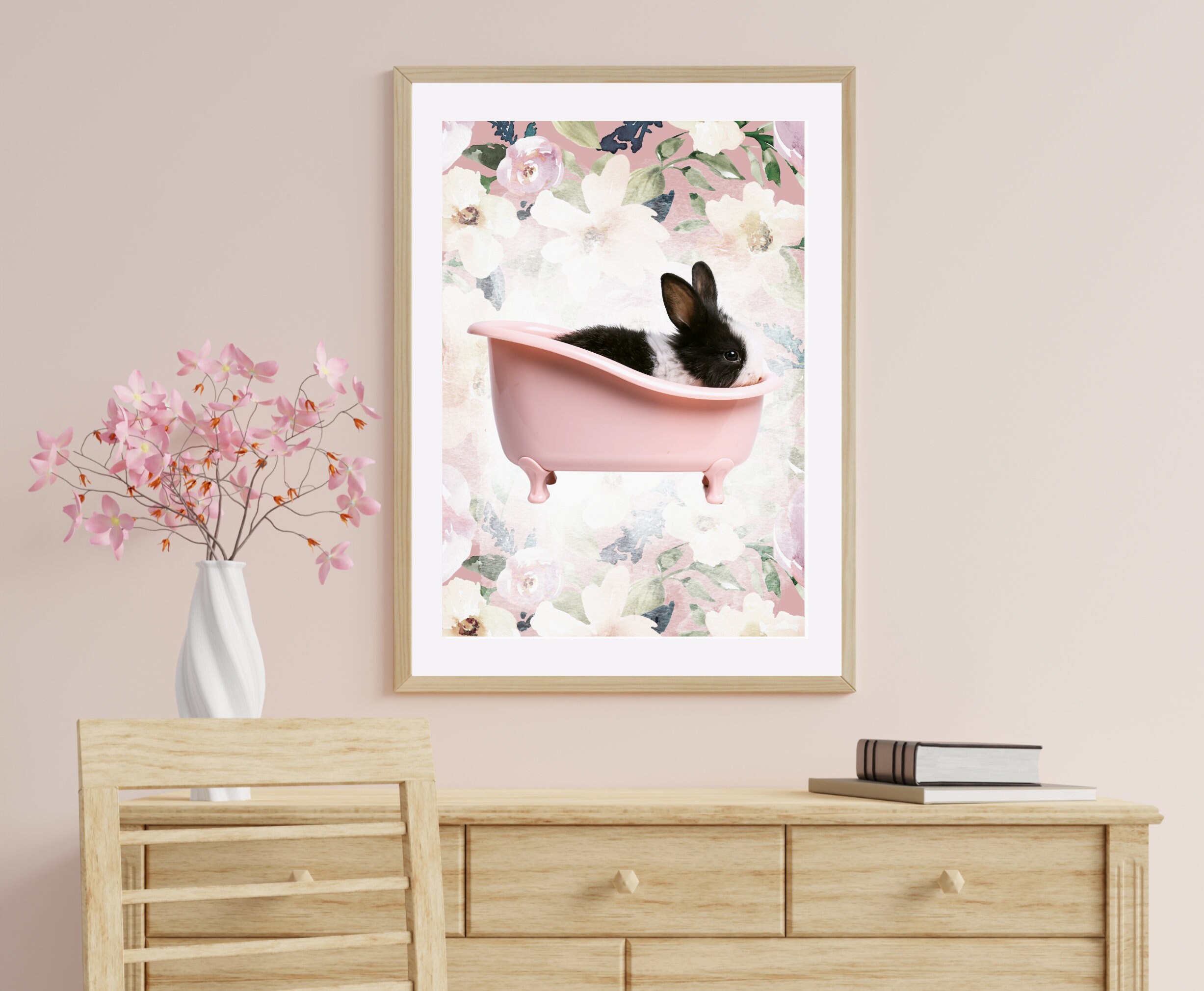 Bathroom Wall Picture Bunny in A Tub Wall Art, Animal in a Tub Wall