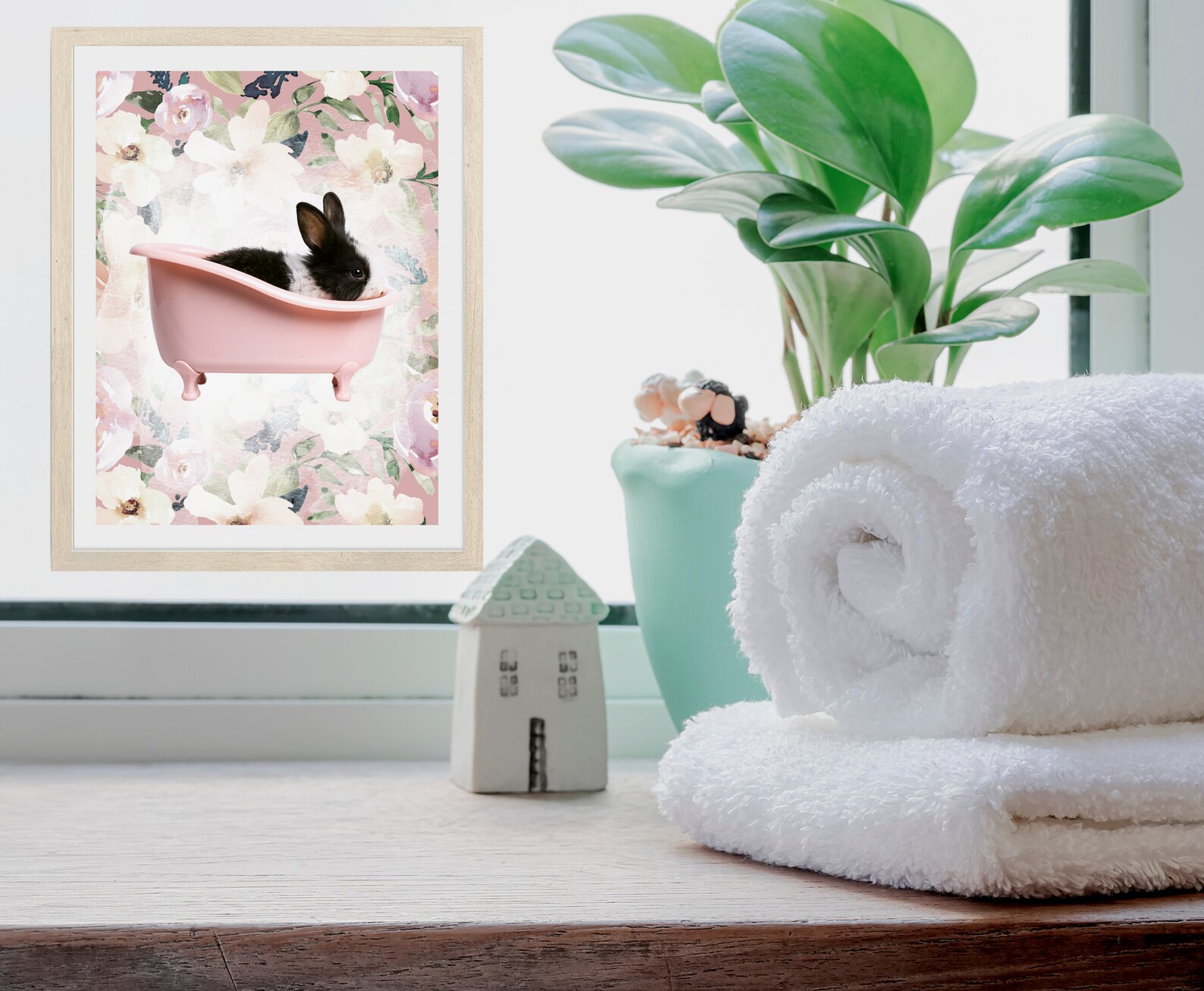 Bathroom Wall Picture Bunny in A Tub Wall Art, Animal in a Tub Wall