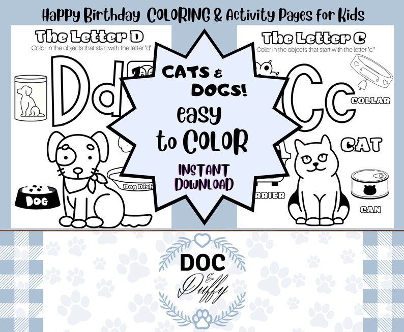 Happy Birthday Cat and Dog Coloring Pages for Kids, Printable Coloring ...