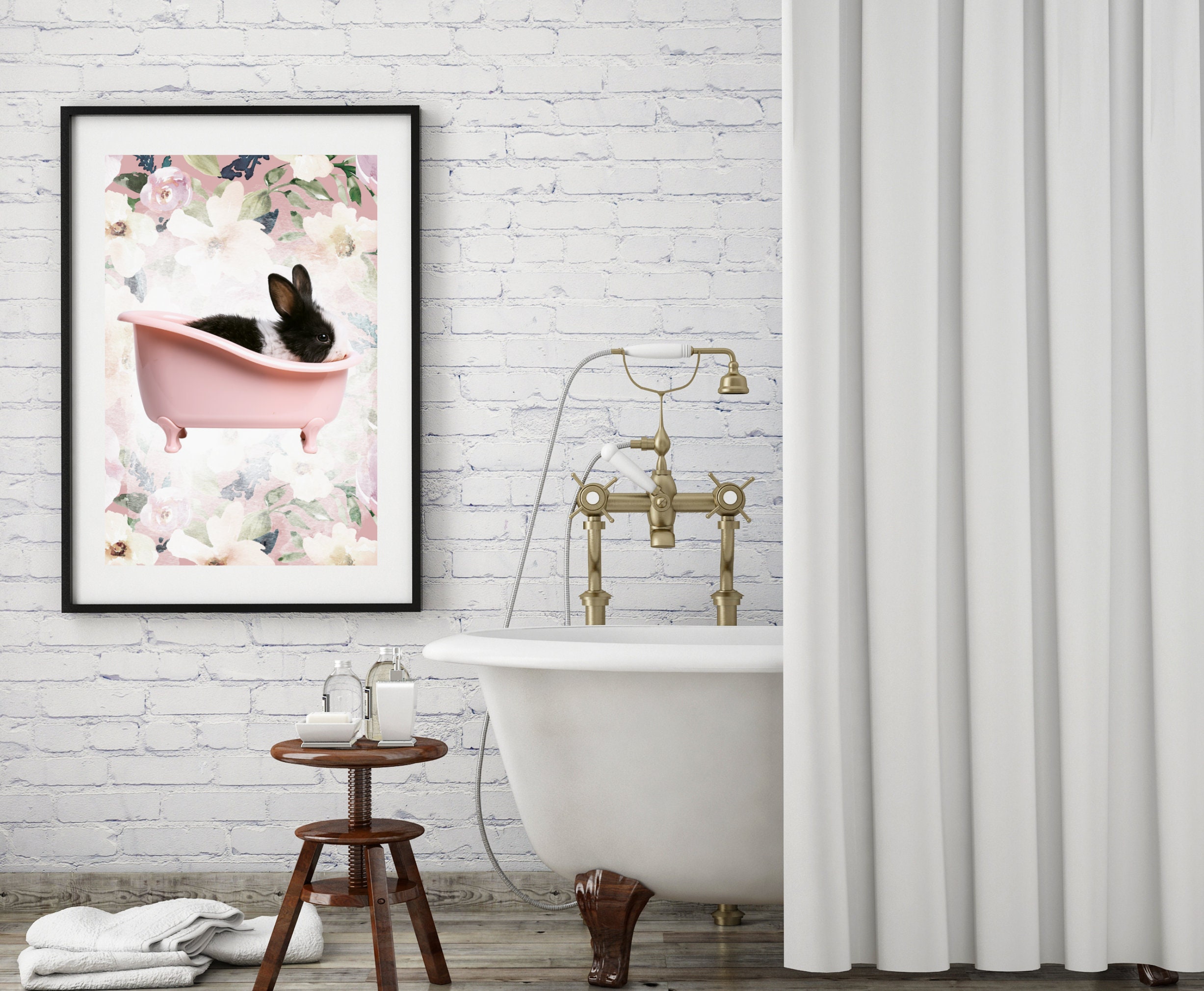 Bathroom Wall Picture Bunny in A Tub Wall Art, Animal in a Tub Wall
