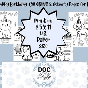 Happy Birthday Cat and Dog Coloring Pages for Kids, Printable Coloring ...