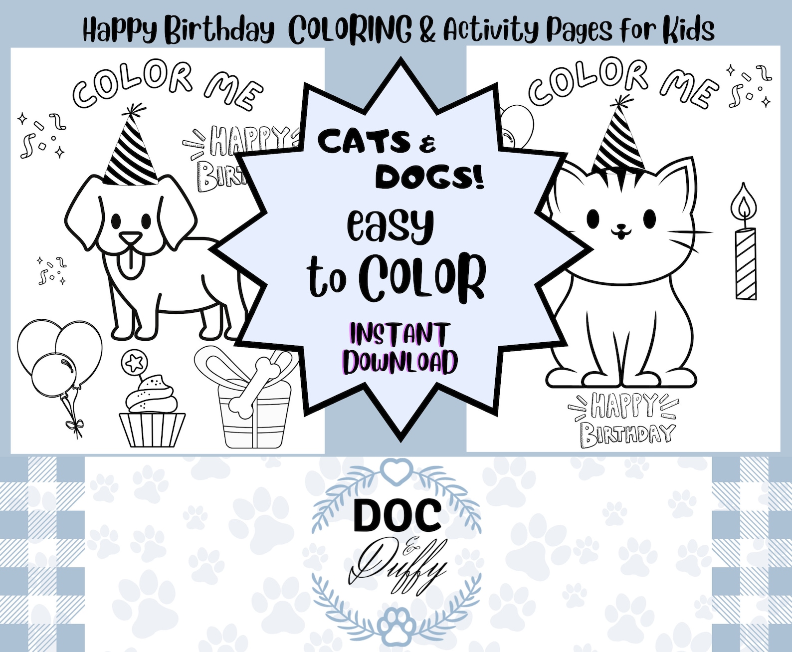Happy Birthday Cat and Dog Coloring Pages for Kids (PDF) - Etsy