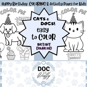 Happy Birthday Cat and Dog Coloring Pages for Kids, Printable Coloring