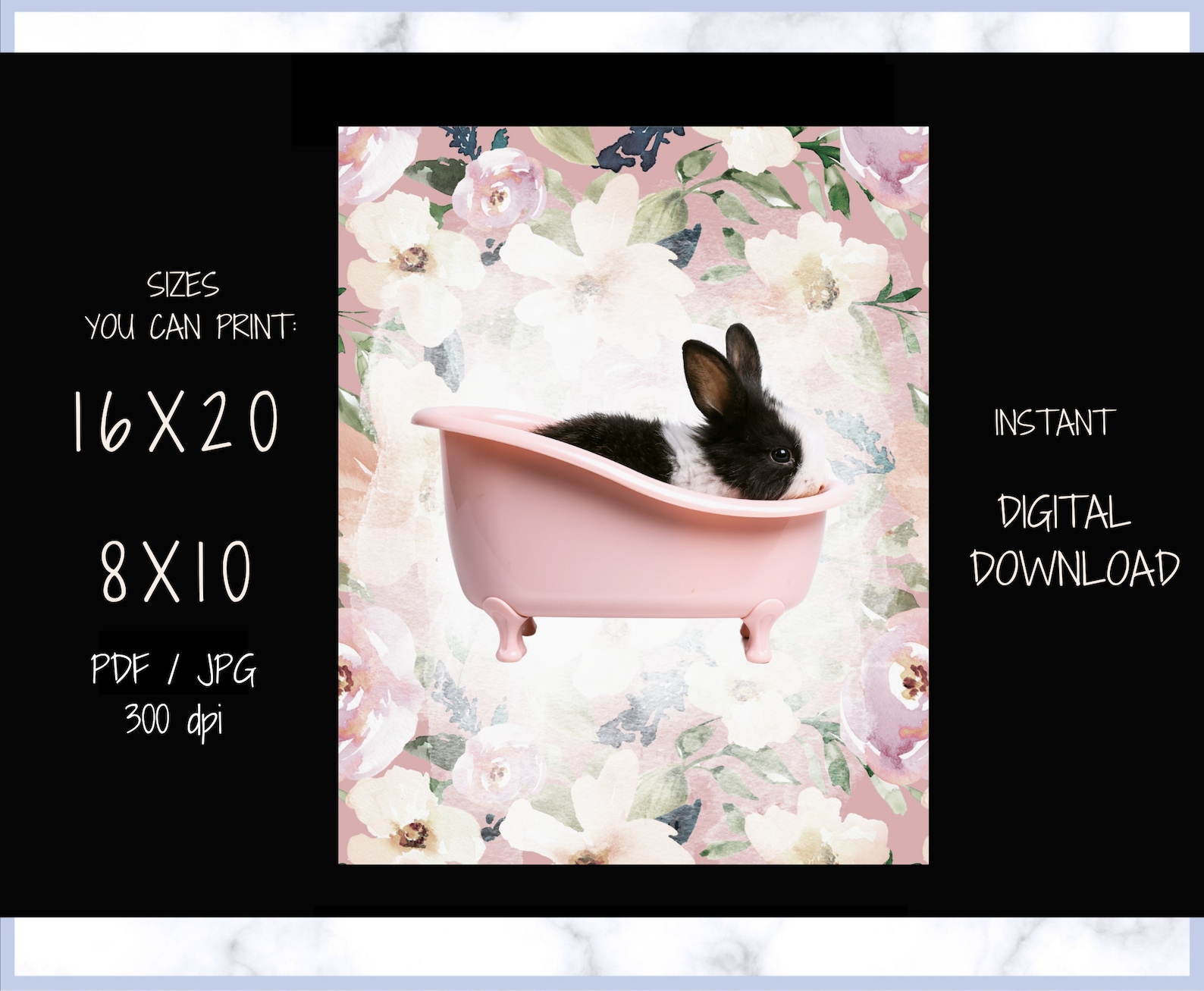 Bathroom Wall Picture Bunny in A Tub Wall Art, Animal in a Tub Wall