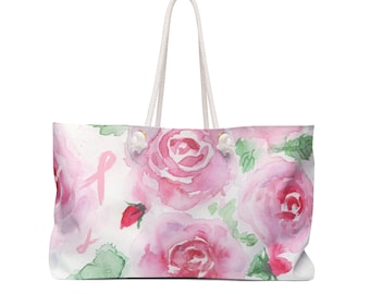 Weekender Tote Bag Pink Roses for Cancer Patient Pink Ribbon Chemotherapy Tote Bag WaterColor Custom Art Weekend Bag