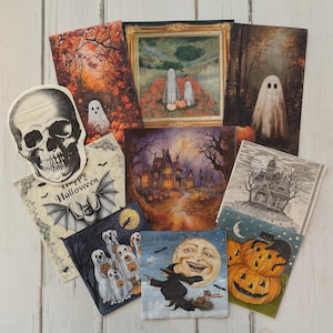 May include: A collection of Halloween-themed paper napkins featuring various illustrations including a skull, ghosts in a forest, a haunted house, a bat with the text Happy Halloween, a witch flying in front of a moon, and carved pumpkins.