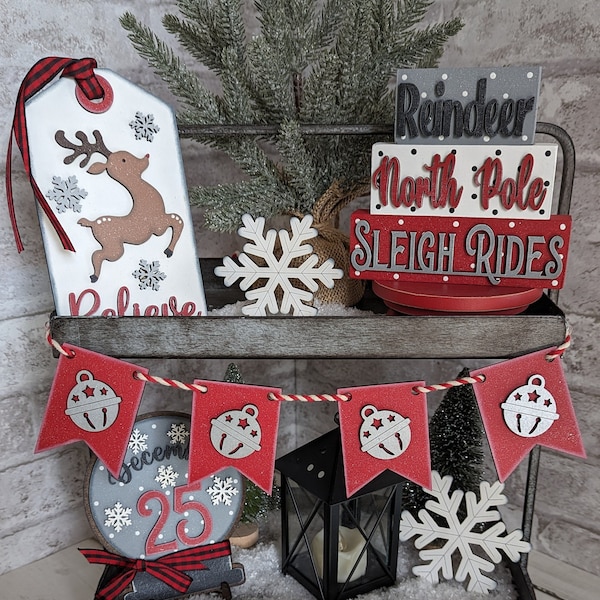 Christmas tiered tray set, Reindeer Christmas tiered tray signs, Christmas tray decor.