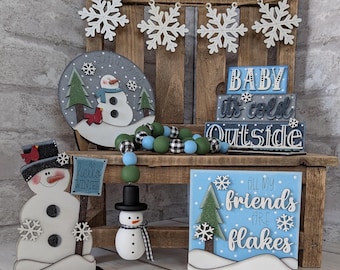 Snowman tiered tray decor, Winter snowman signs, hand painted.