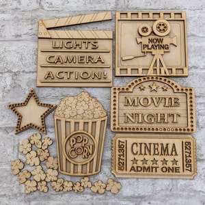 Movie Night tiered tray signs DIY kit- Paint it yourself tiered tray decor - DIY tiered tray blanks