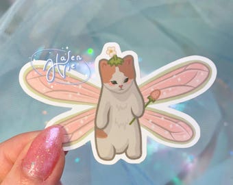chonky strawberry fairy cat sticker | glossy vinyl, fairycore, cat lover gift, scrapbook, decal, coquette, cottagecore, laptop, waterbottle