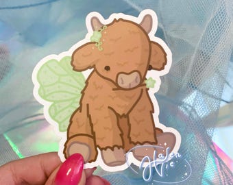 fluffy magic cow sticker | matte vinyl, fairycore, cottagecore, cutesy, coquette, highland cow, brown cow, scrapbooking, water bottle