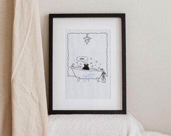 gatto nero nella vasca da bagno arte murale / arte murale del bagno / minimalista / stampa in bianco e nero / poster di gatti divertenti / download digitale stampabile