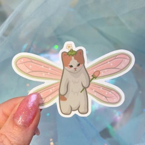 chonky strawberry fairy sticker / glossy vinyl / fairy cat