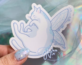 clear sun fairy kitty sticker / matte vinyl, sleeping white cat, eepy laptop, water bottle decal, scrapbook, fairycore, cottagecore