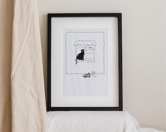 black cat on windowsill / room wall art / minimalist / black and white print / funny cat poster / printable digital download / plant cat