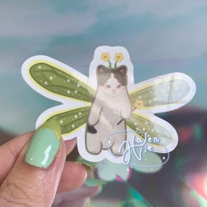fairy cat with green wings and a black and white body color