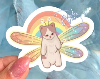 rainbow fairy cat sticker | glossy vinyl, fairycore, pride, scrapbook, decal, coquette, cottage core, laptop, water bottle, cute gift