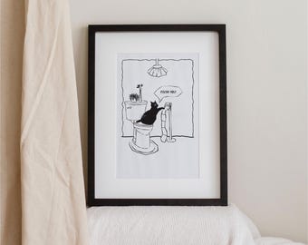 zwarte kat op toilet kunst aan de muur / kunst aan de muur badkamer / kunst aan de muur kamer / zwart-wit print / grappige kattenposter / afdrukbare digitale download
