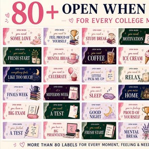 Puede incluir: Una colección de más de 80 etiquetas rectangulares con el texto 'OPEN WHEN' seguido de varios mensajes como 'you need SOME LOVE', 'you need a STUDY BREAK', 'you need COFFEE' y 'you need a FRESH START', decoradas con ilustraciones coloridas.