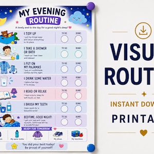 ADHD Evening Visual Routine Chart | Bedtime Schedule for Kids |  Autism Support Daily Tracker | Night Neurodivergent Checklist Kit