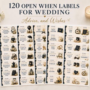 Puede incluir: Un conjunto de 120 etiquetas Open When para bodas con el texto Advice, and Wishes. Cada etiqueta rectangular incluye una instrucción única como Open when you need to remember the dreams you are building together, acompañada de pequeñas ilustraciones.