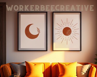 Sun and Moon Wall Art, Sun Print, Moon Print, Botanical Sun and Moon, Modern Wall Art, Witchy Wall Art, 2 Piece Wall Art, Digital Download